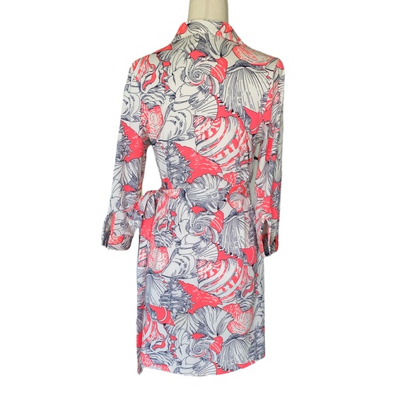 Julie Brown NYC Milo Wrap Shirt Dress in Neon Coral Pink Shell Print - L - Picture 7 of 13